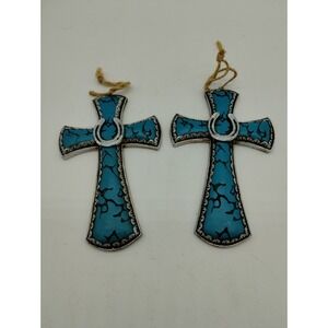 Set Of 2 Turquoise Crackle Paint Horseshoe Cross Christmas Ornament Western